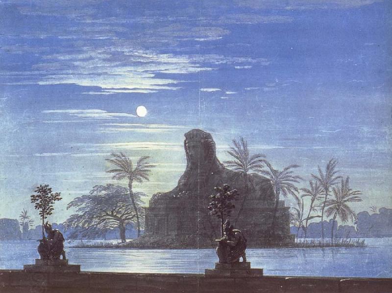 Karl friedrich schinkel The Garden of Sarastro by Moonlight with Sphinx,decor for Mozart-s opera Die Zauberflote China oil painting art